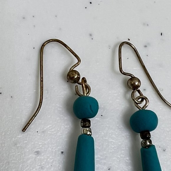 Faux Turquoise Earrings Drop Dangle Silver Tone Long Southwestern Beaded Used, s - Picture 2 of 5
